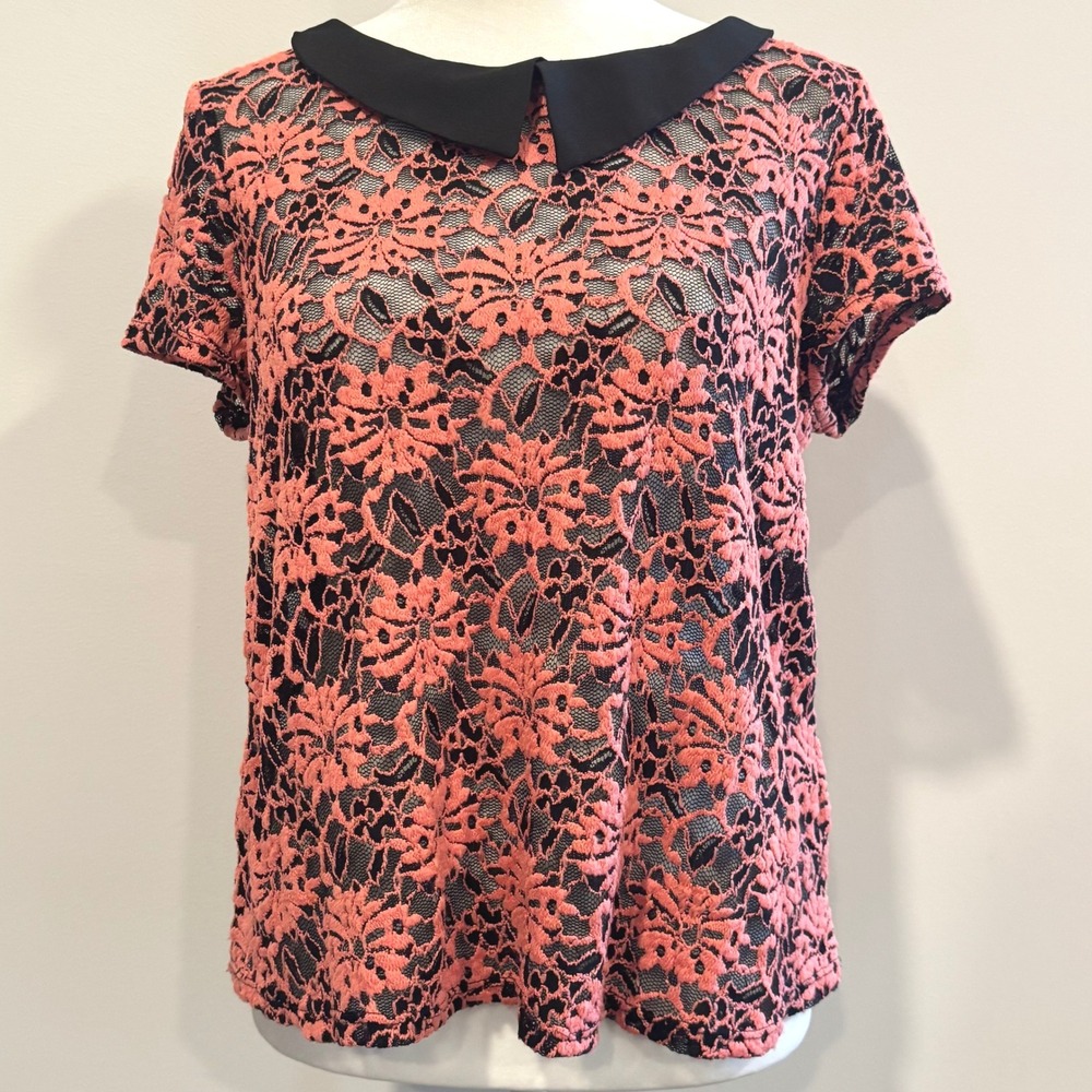 Robin K Womens Top Large Lace Peter Pan Collar Dark Floral Coquette Goth 21876